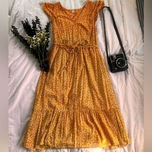Old Navy Yellow Floral Midi Dress Size Large | Stretch Waist | Cottagecore Boho